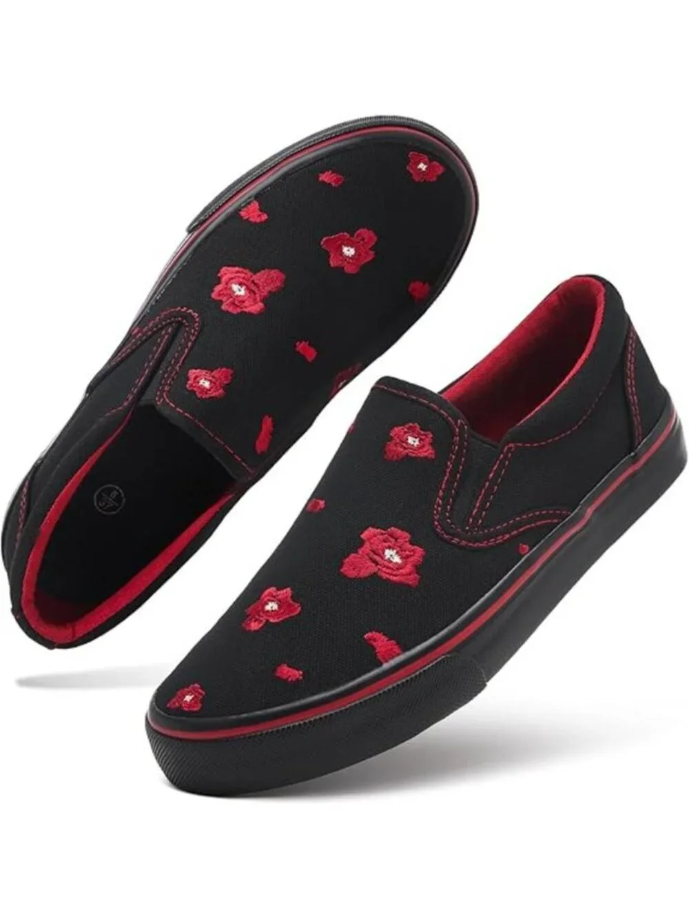 Women's Full Black-red Slip Shoes Canvas Sneakers Loafers Non Slip Shoes Rubber